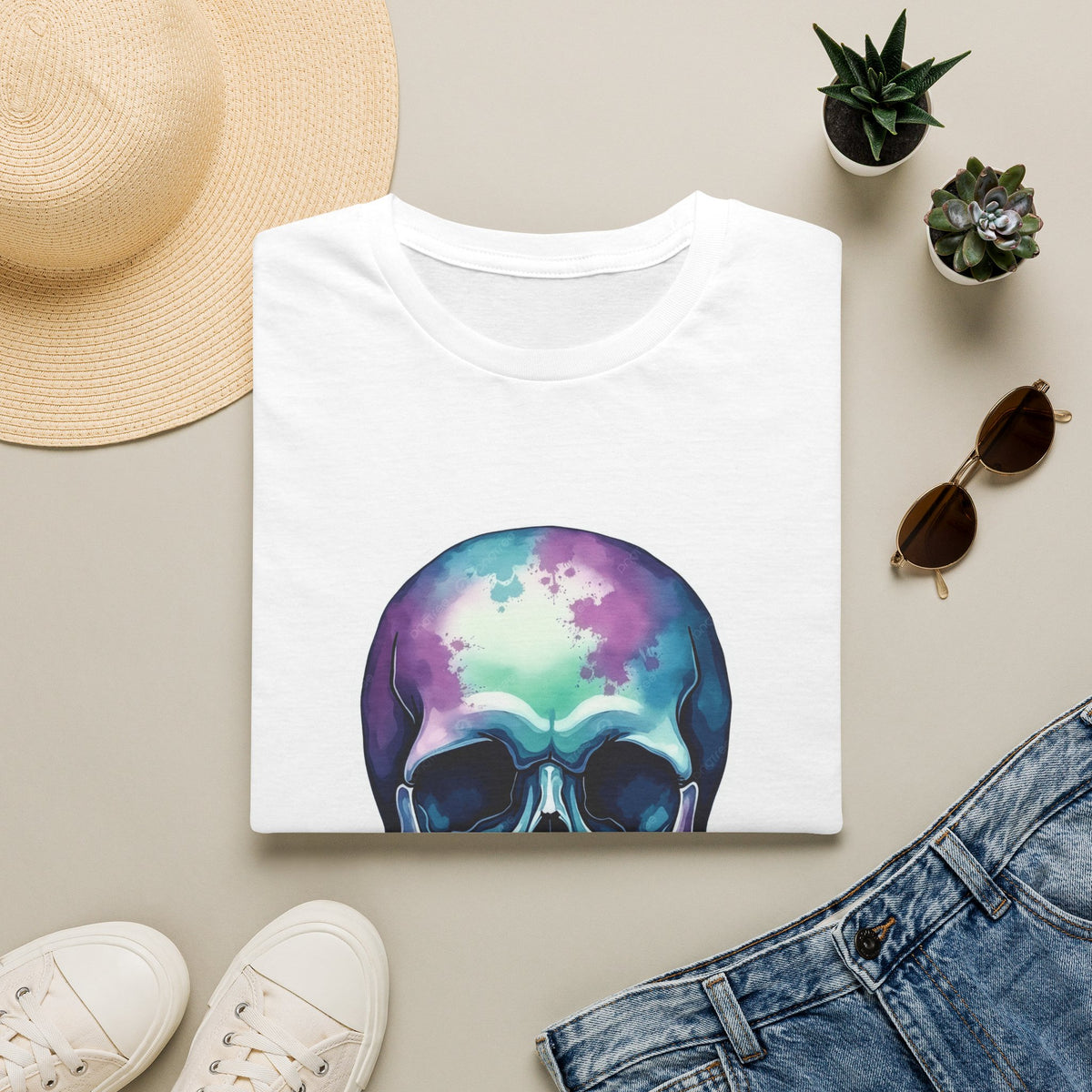 Colorful Watercolor Skull T-Shirt — Vibrant Gothic Graphic Tee