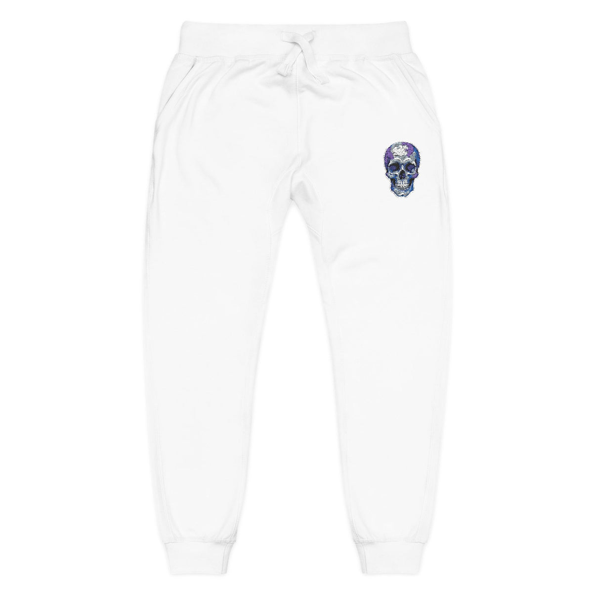 Embroidered Floral Skull Sweatpants — Cozy White Fleece Joggers