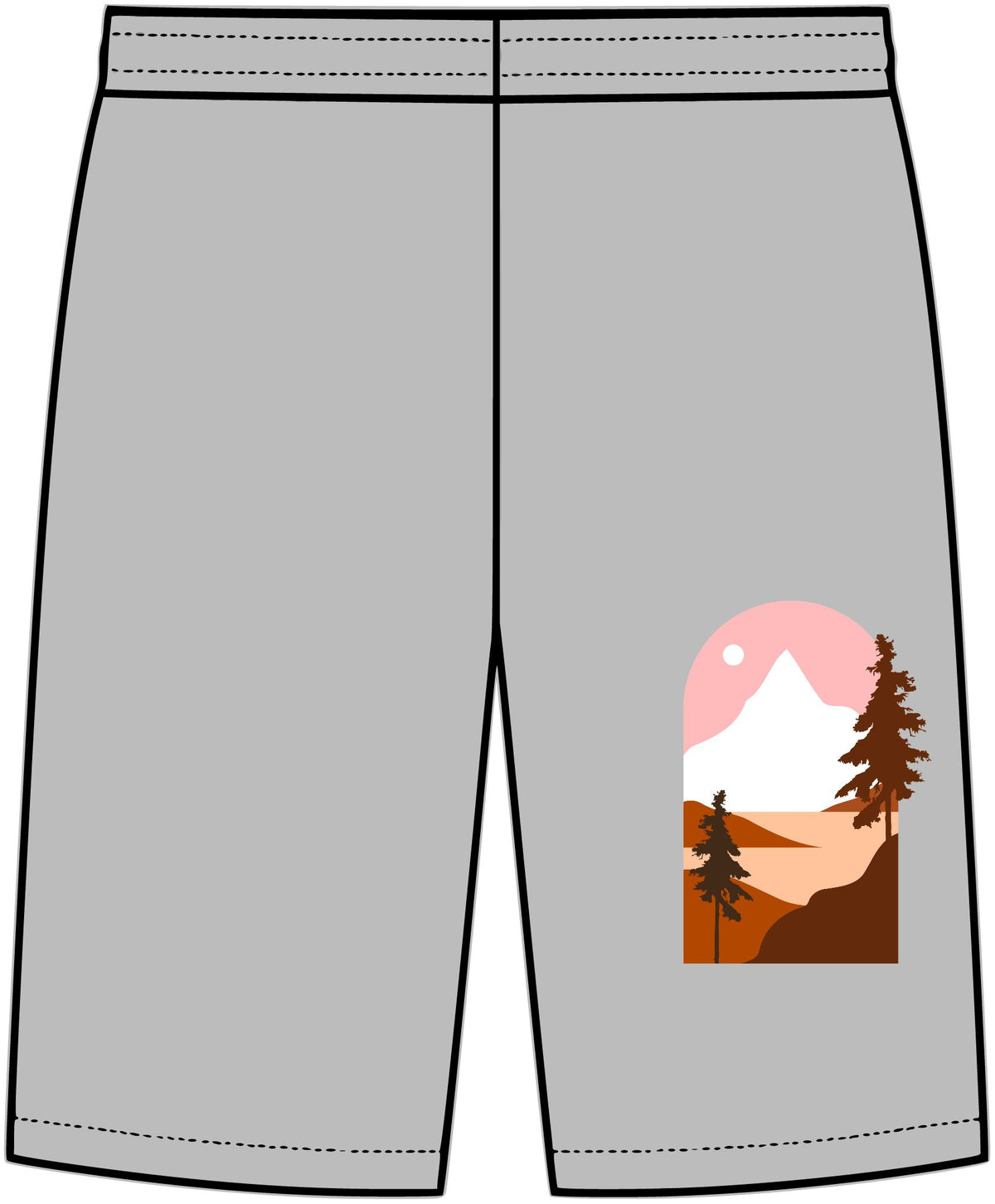 Outdoor Sunset Mountain Shorts — Scenic Trail Graphic on Casual Athletic Shorts