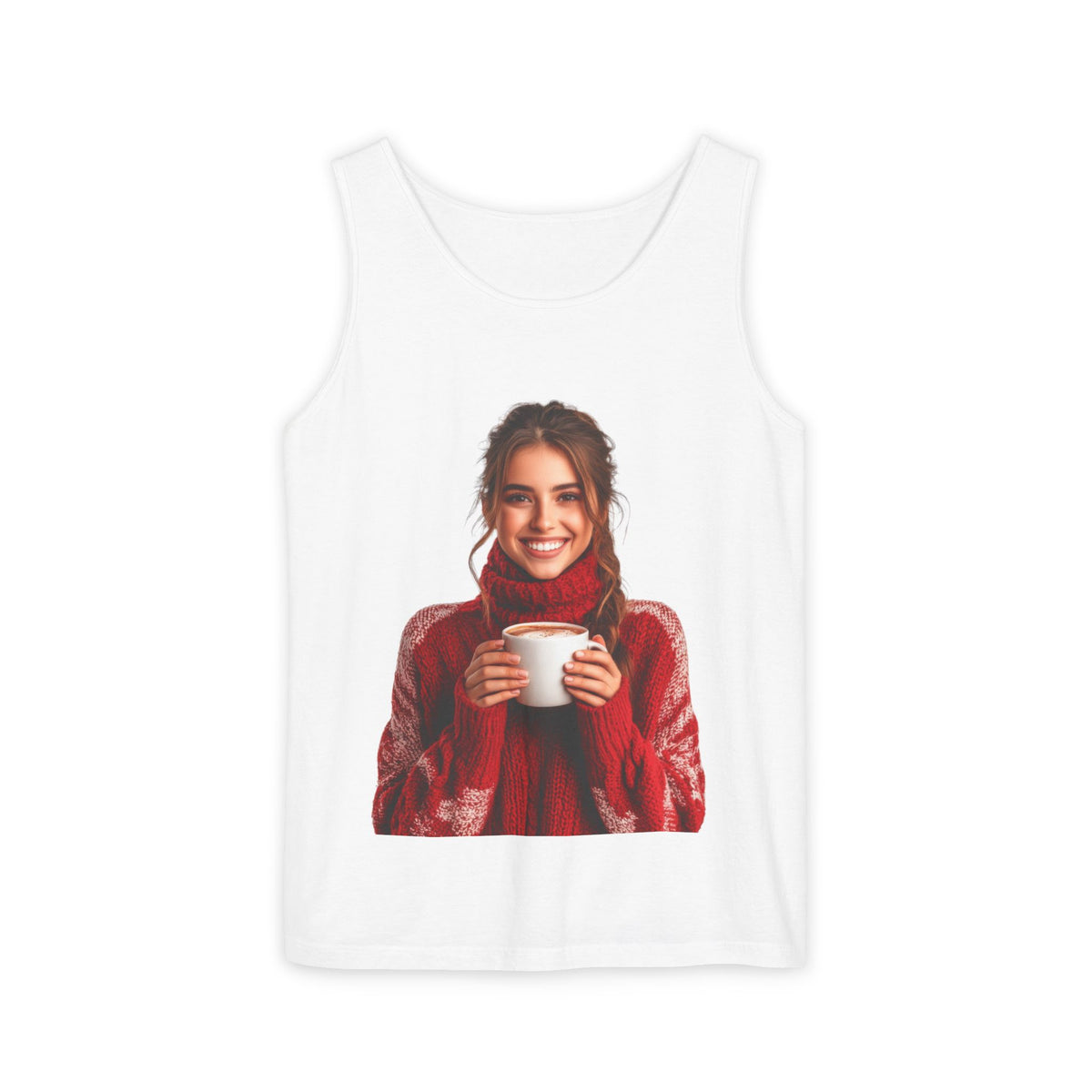 Cozy Cocoa Tank Top — Smiling Woman Holding Hot Cocoa Graphic